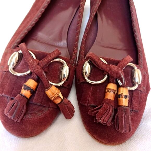 Gucci Horsebit Loafers Sz 6.5 B Suede Leather Bamboo Tassel Glam Italy has Flaw - Picture 1 of 14
